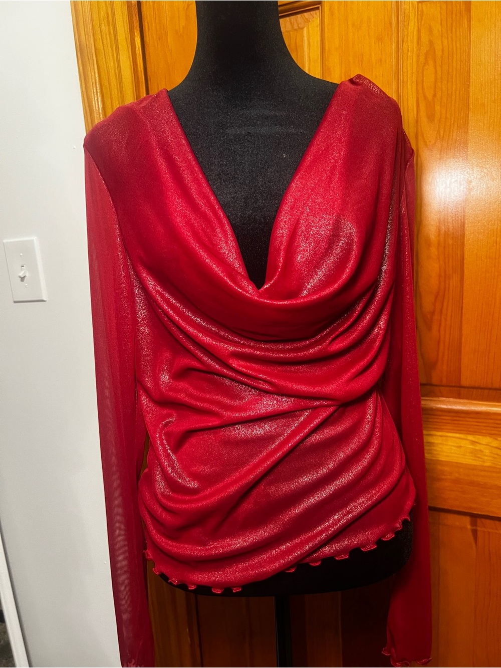 Urban Outfitters Red Draped Sheer-Sleeve Blouse